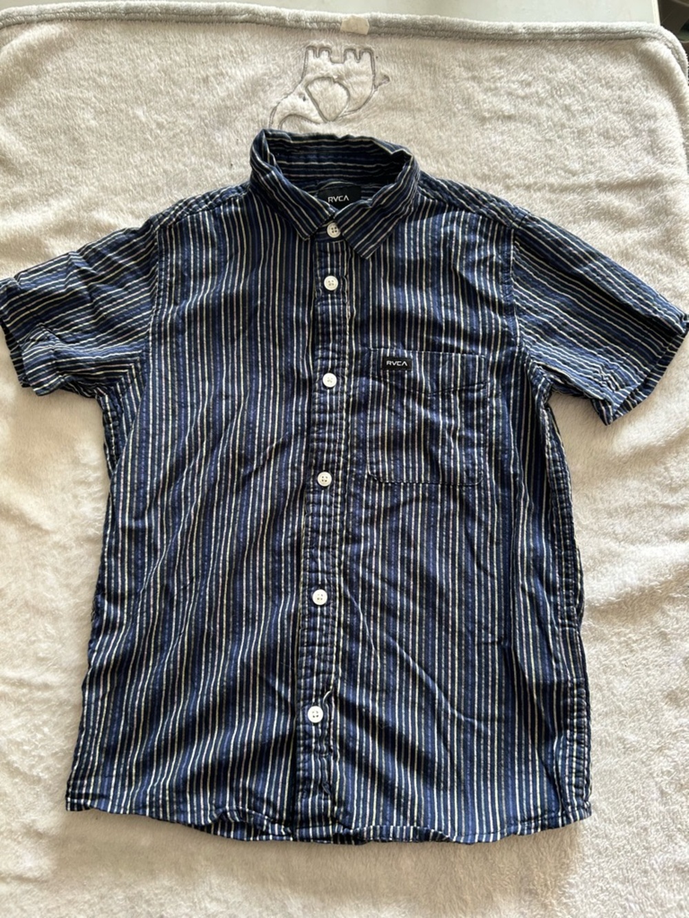 RVCA Boys Navy Striped Short-Sleeve Button-Up Shirt 100% Cotton